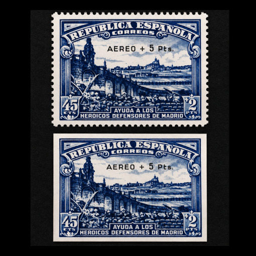 Defensa de Madrid e sellos uno sin dentar y otro dentado · 1938 · Edifil 759 y 759s · 70 €